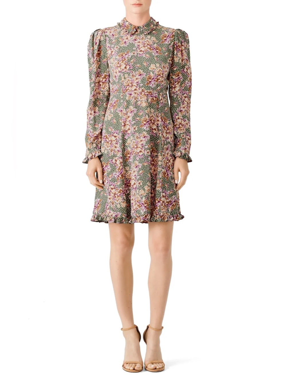 ByTiMo Green Floral Ruffle-Neck Long Sleeve Dress Size Small EUC